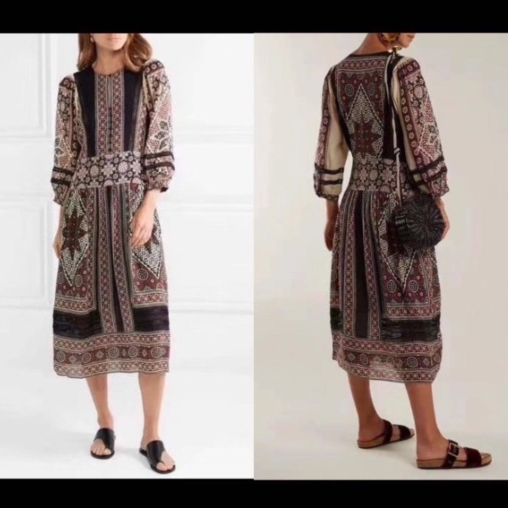 Sea New York Ezri Silk Printed Midi Dress Size 6 Crochet Trim Boho